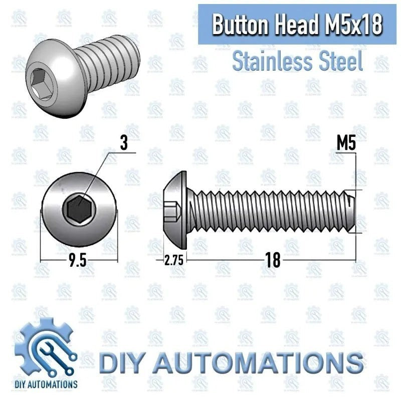 DIY Automations M5x18 silver stainless steel button head socket screw with hex drive.