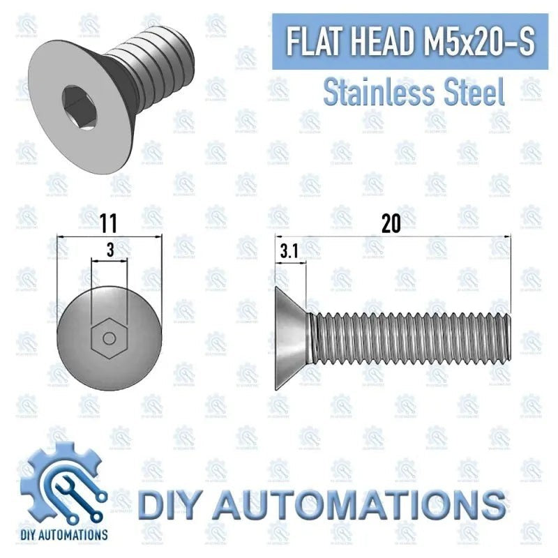 DIY Automations M5x20 silver stainless steel flat head countersunk screw with hexagonal socket drive.