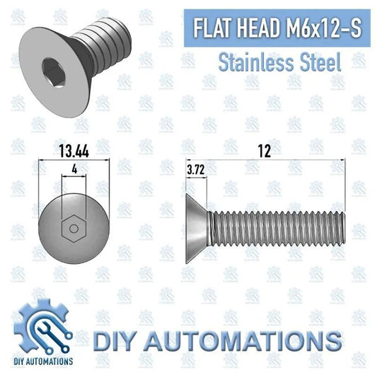 DIY Automations silver M6x12 stainless steel flat head countersunk socket screw with hex drive.
