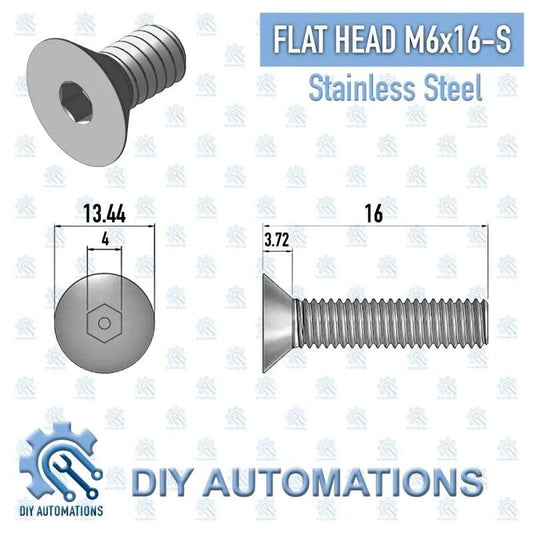 DIY Automations silver M6x16 stainless steel flat head countersunk screw with hex socket drive.