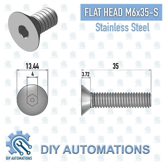 DIY Automations silver stainless steel M6x35 flat head countersunk screw with hex socket drive.