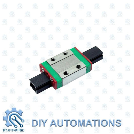 DIY Automations Mgn 12C linear guideway block with red and green accents on a black rail.