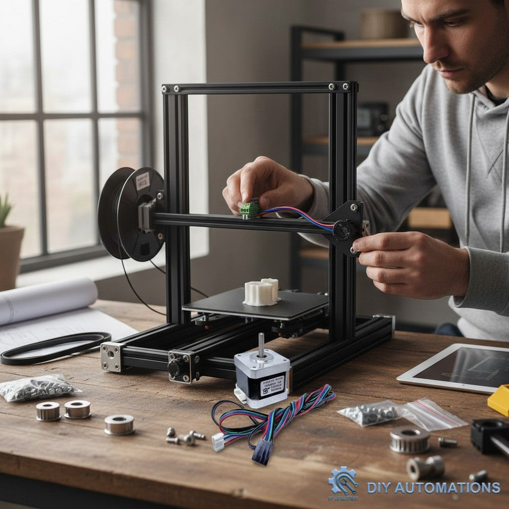 DIY Automations NEMA 17 stepper motor with wires, used in 3D printer assembly by a man.