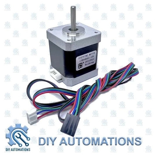DIY Automations NEMA 17 stepper motor with 42x48mm dimensions and 1.7A current, featuring a silver shaft and black body with multi-colored wires.