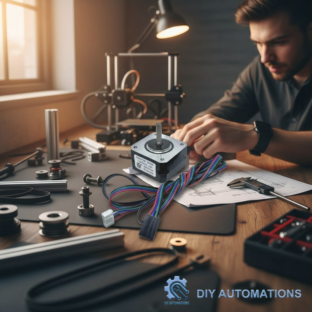 DIY Automations Nema 17 stepper motor with wiring harness, metal construction, for 3D printers and CNC machines.