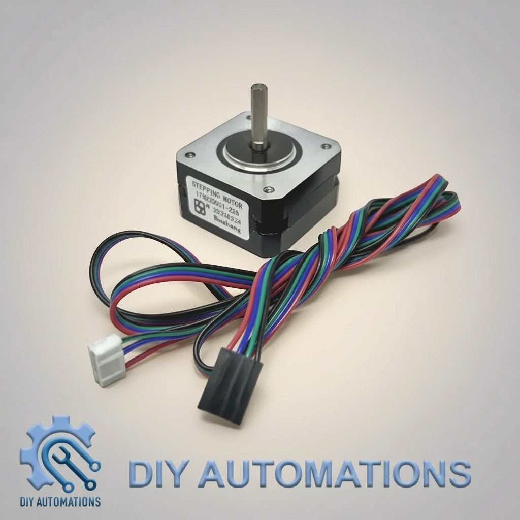 DIY Automations Nema 17 stepper motor with wiring harness, black metal body, silver shaft, for 3D printers and CNC machines.