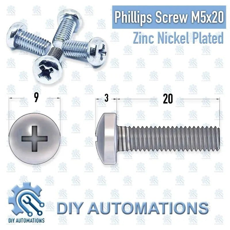 DIY AUTOMATIONS M5x20 Phillips head screws, zinc nickel plated, with dimensions shown.