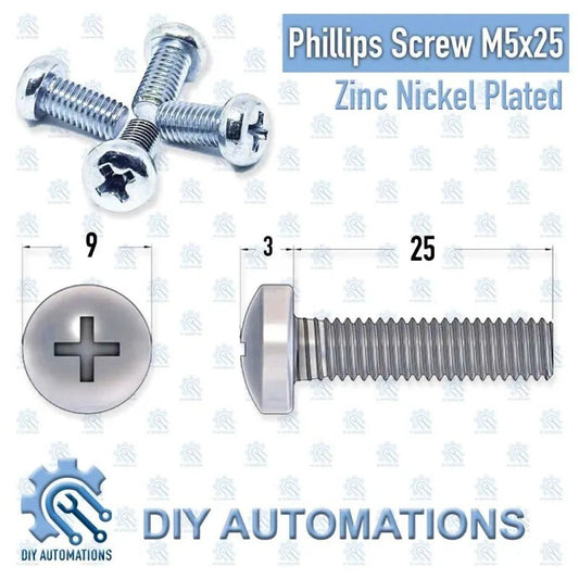 DIY Automations M5x25 Phillips head screws, zinc nickel plated, with dimensions shown.