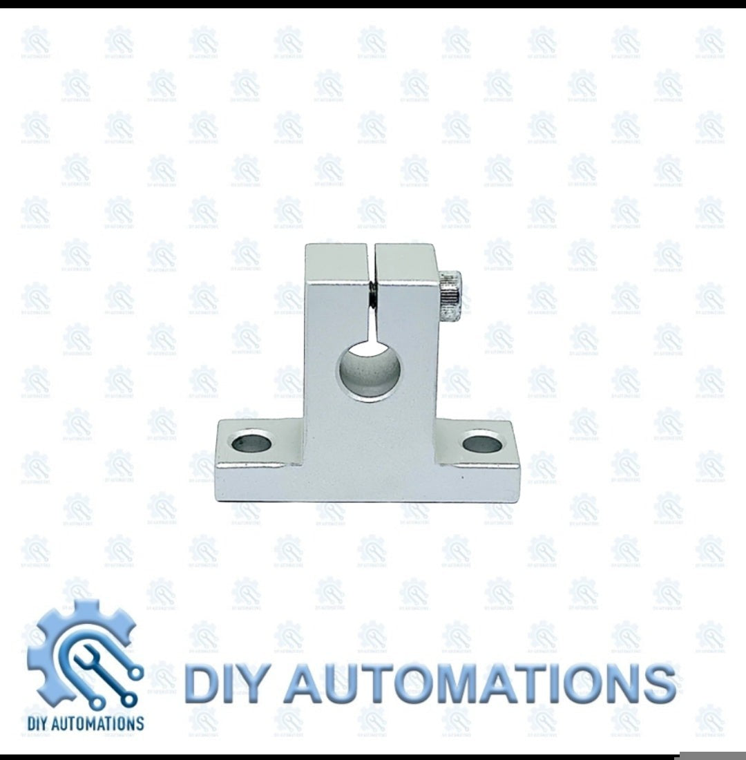 DIY Automations SH 10 MYT silver aluminum linear shaft support bearing block with mounting holes and set screw.