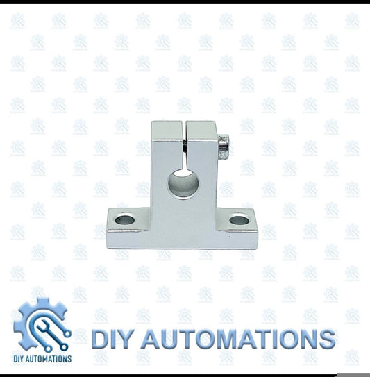 DIY Automations SH 12 MYT linear shaft support bearing, silver aluminum, with mounting holes and set screw.