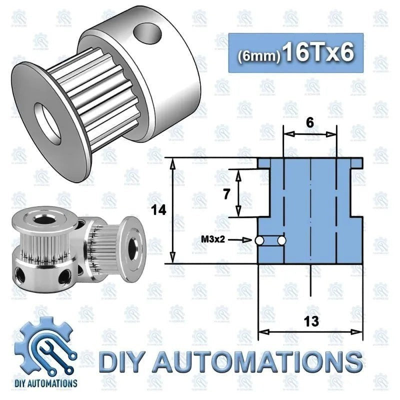 DIY AUTOMATIONS silver 16-tooth GT2 timing pulley with 6mm bore and flange.