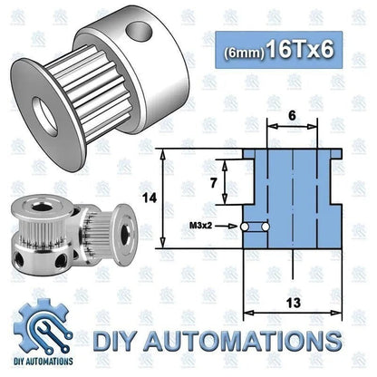 DIY AUTOMATIONS silver 16-tooth GT2 timing pulley with 6mm bore and flange.