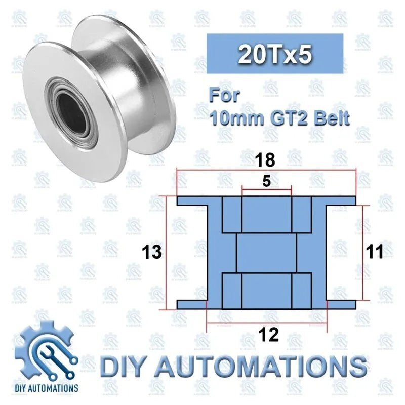 DIY Automations silver 20T GT2 idler pulley with bearing for 10mm belt, 5mm width.