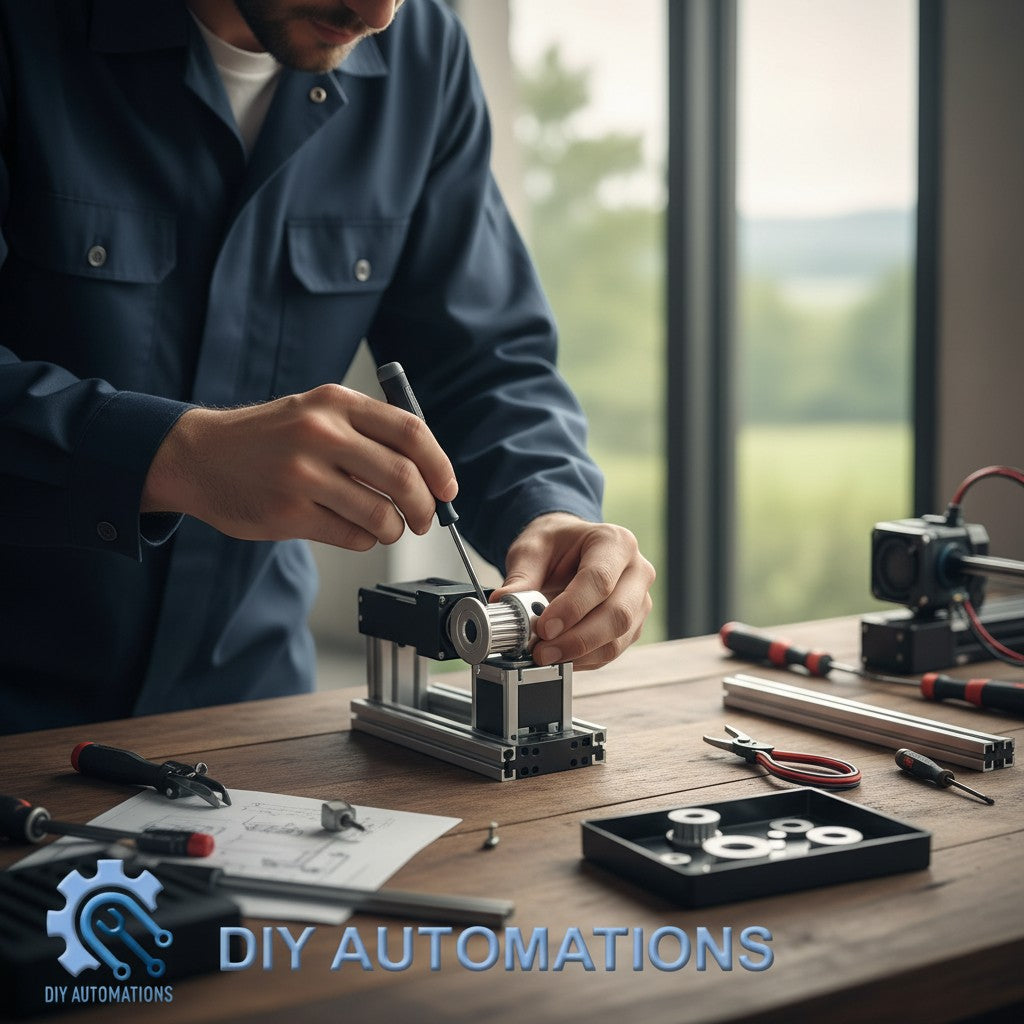 DIY Automations technician assembling a silver 20-tooth GT2 pulley with a 4mm bore on a machine.
