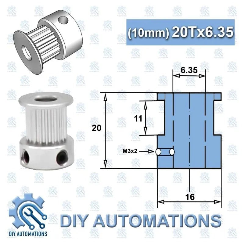 DIY Automations silver 20-tooth GT2 timing pulley with 6.35mm bore and M3 screw holes.