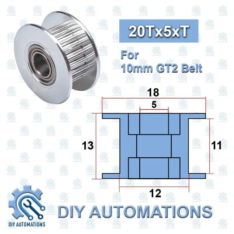 DIY Automations silver 20-tooth idler pulley for 10mm GT2 belt, with bearing and dimensions shown.
