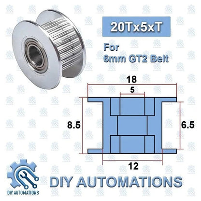 DIY Automations silver 20-tooth idler pulley for 6mm GT2 belts, featuring a 5mm bore and ball bearings.