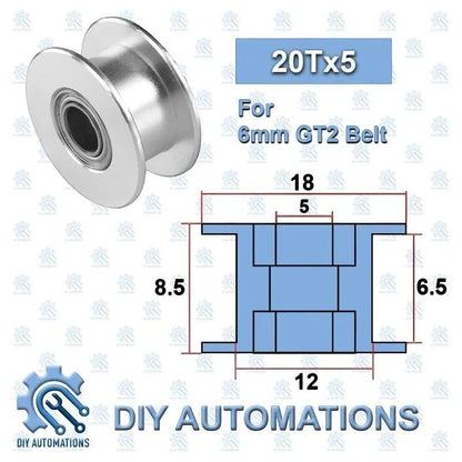 DIY Automations silver 20-tooth idler pulley for 6mm GT2 belts, featuring a grooved wheel and integrated bearing.