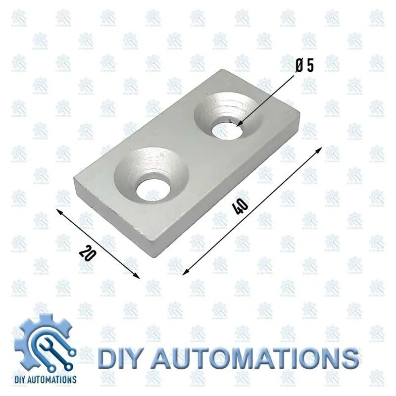 DIY Automations silver aluminium end head extrusion fitting, 20x40mm size, with two 5mm diameter holes.