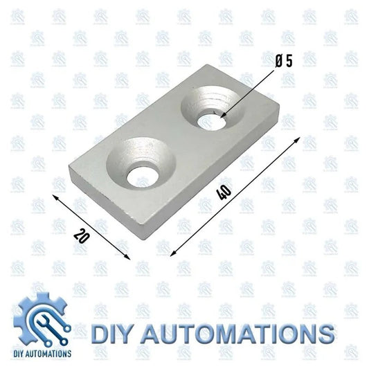 DIY Automations silver aluminium end head extrusion fitting, 20x40mm size, with two 5mm diameter holes.