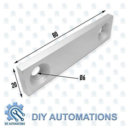 DIY Automations silver aluminium end head extrusion fitting, 20x80mm dimensions, with 6mm holes.