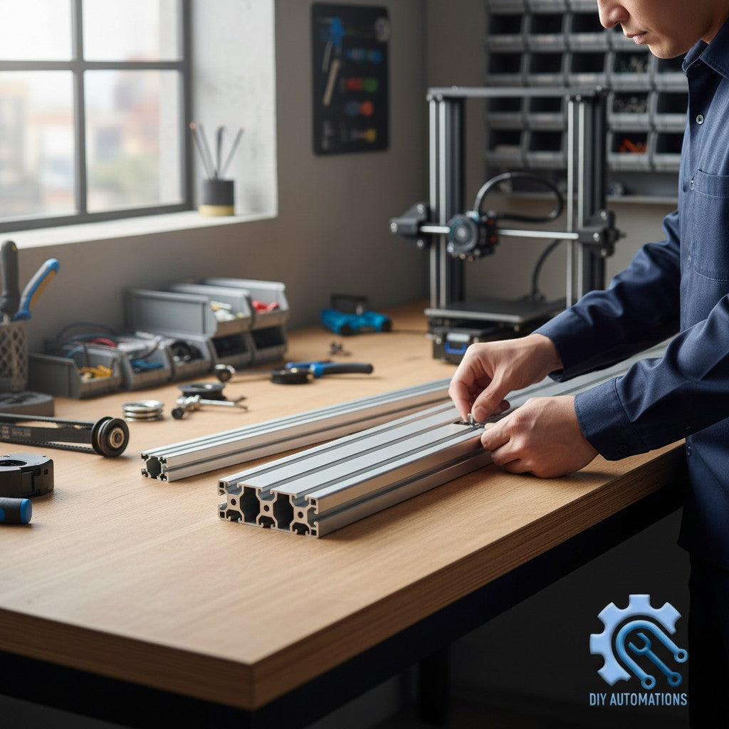 DIY Automations T-40120 silver aluminium T-slot profile, 2000mm length, being assembled.