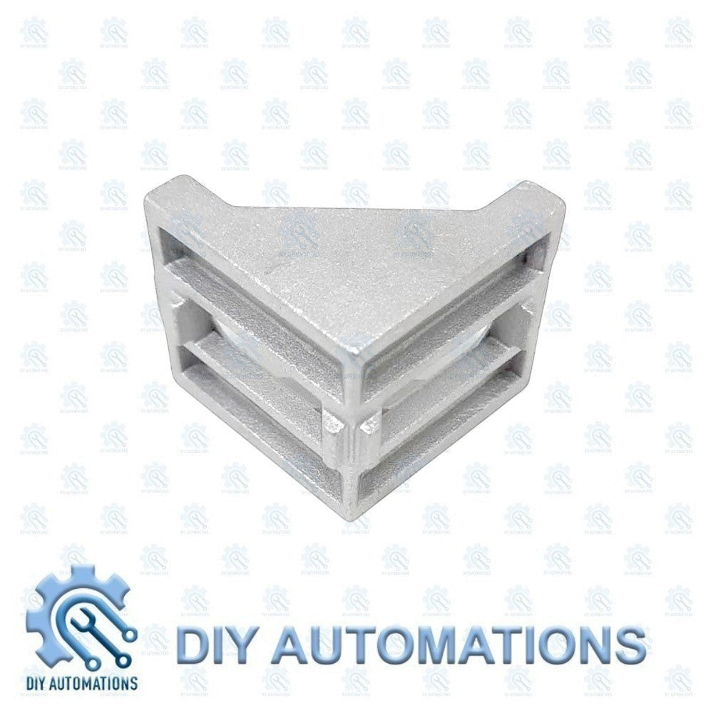 DIY Automations silver aluminum corner bracket for 20mm extrusion systems, 40x40 size, L-shaped for sturdy frame construction.