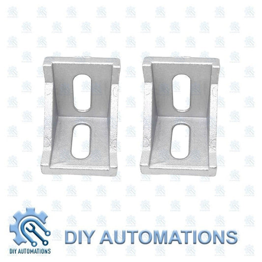 DIY Automations silver aluminum corner bracket for 20mm extrusion systems, 40x40mm size, with slotted holes for M5/M6 bolts.