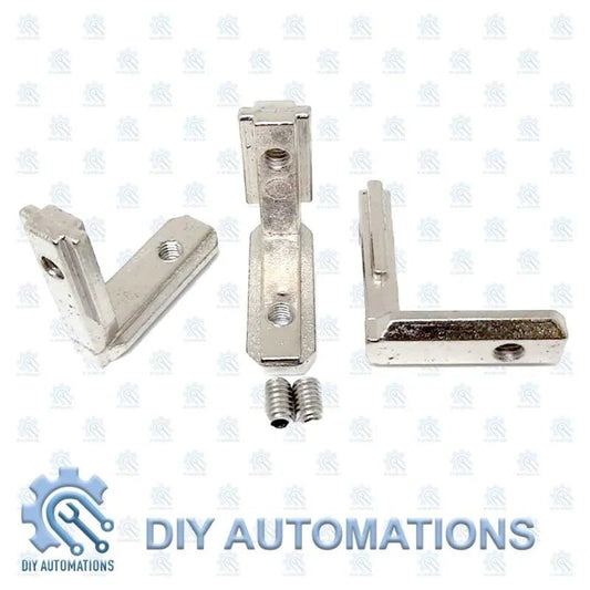 DIY Automations silver aluminum L-type corner brackets for 20x20 extrusion frames, includes screws.