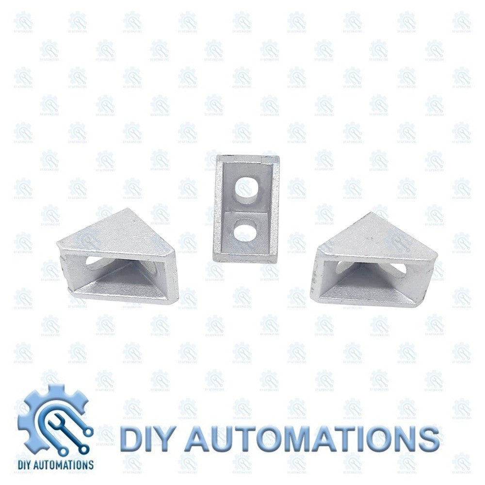 DIY AUTOMATIONS silver aluminum corner brackets for modular framing, 20x20 size, L-shaped with two holes.