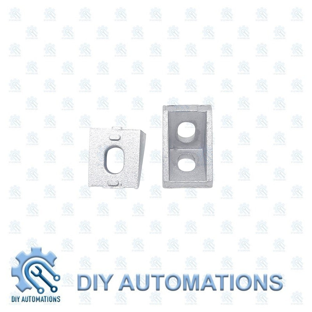 DIY AUTOMATIONS silver aluminum corner brackets for 20x20 modular framing, L-shaped with two holes for secure connections.