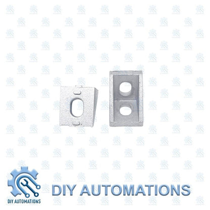 DIY AUTOMATIONS silver aluminum corner brackets for 20x20 modular framing, L-shaped with two holes for secure connections.
