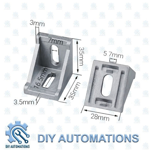 DIY Automations silver aluminum corner bracket for 30x30 extrusions, 35mm x 35mm, with slotted holes for secure connection.