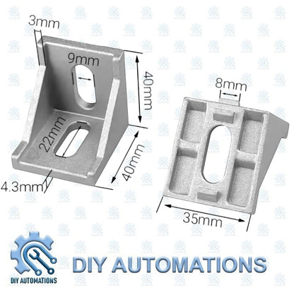 DIY Automations silver aluminum corner bracket, 40x40mm, with slotted holes for 20mm extrusion systems. Durable and stable.