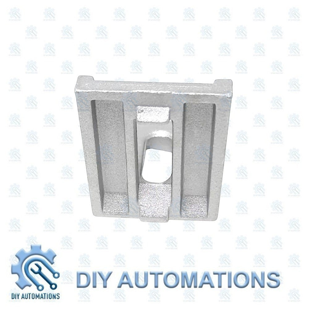 DIY Automations silver aluminum corner bracket for 20mm extrusion systems, 40x40 size, with slotted design for adjustable fastening.