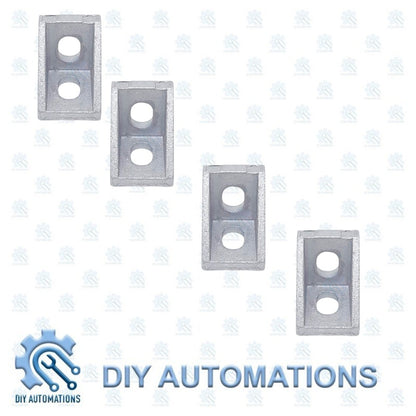 DIY Automations silver aluminum corner brackets for modular framing, L-shaped with two holes.