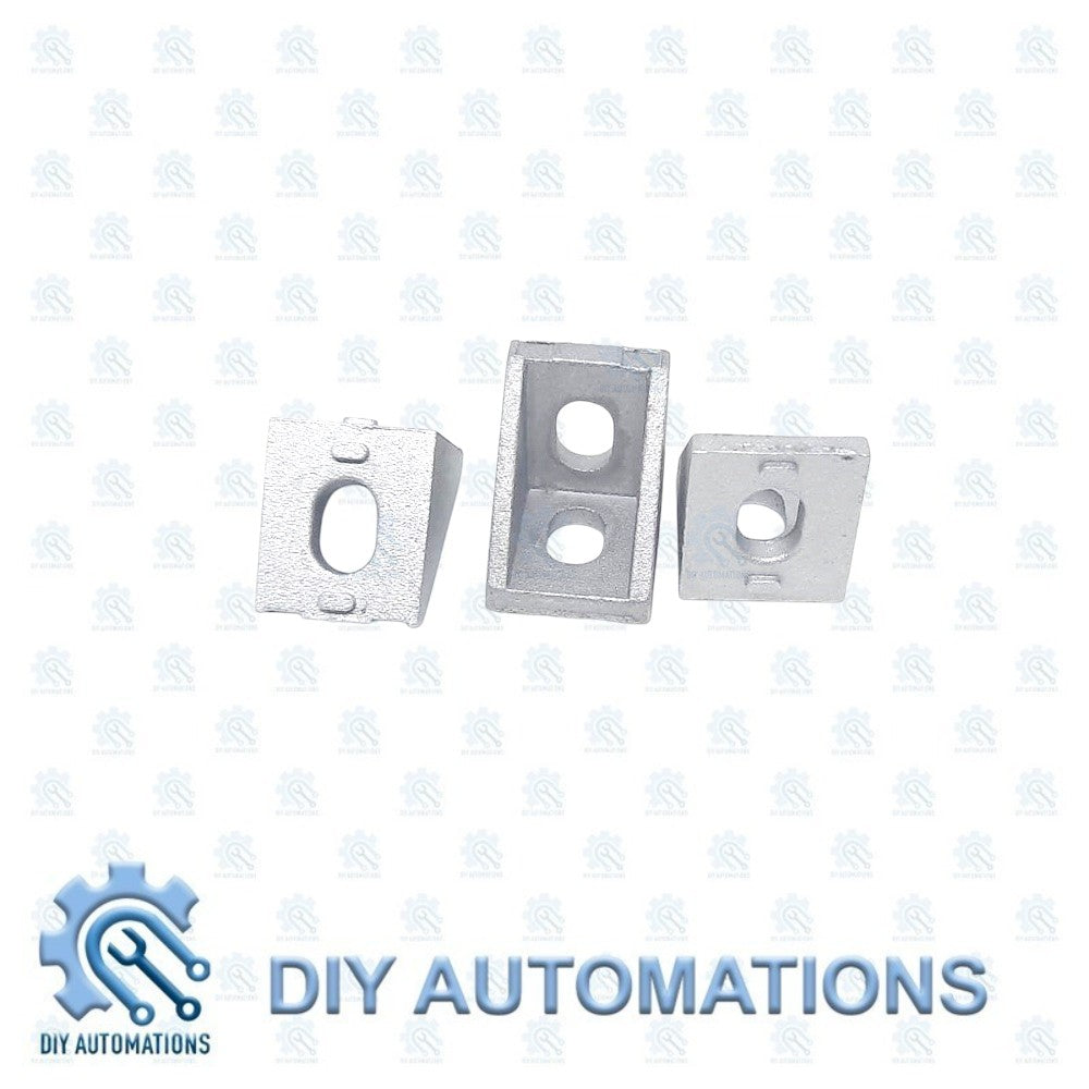DIY Automations silver aluminum corner brackets for modular framing, L-shaped and square designs with pre-drilled holes.