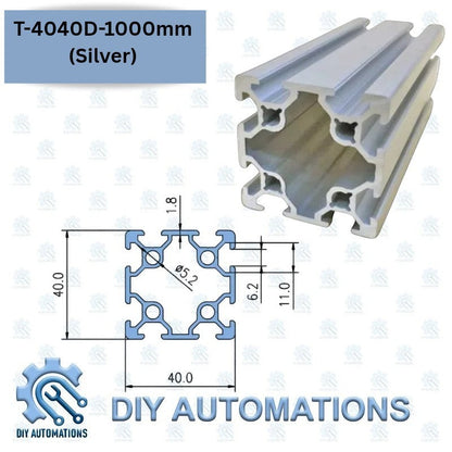DIY Automations silver 4040D aluminum extrusion profile, 1000mm length, T-slot design for custom frames and automation projects.