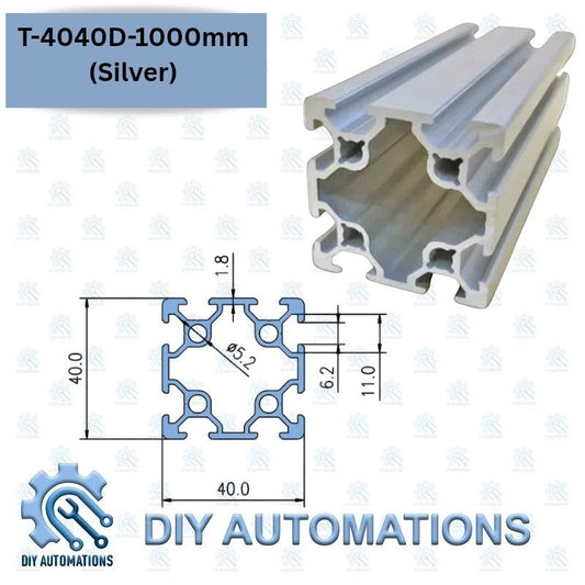 DIY Automations silver 4040D aluminum extrusion profile, 1000mm length, T-slot design for custom frames and automation projects.