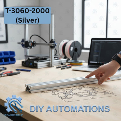 DIY Automations silver aluminum extrusion profile with T-slot design for custom frames and projects.