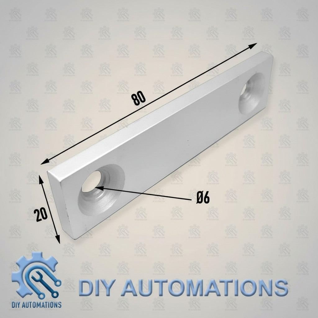 DIY Automations silver aluminum mounting bracket, 20x80mm, with two 6mm holes spaced 80mm apart.