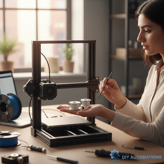DIY Automations silver aluminum 20-tooth timing pulley with 8mm bore for 6mm belts, held by a woman near a 3D printer.