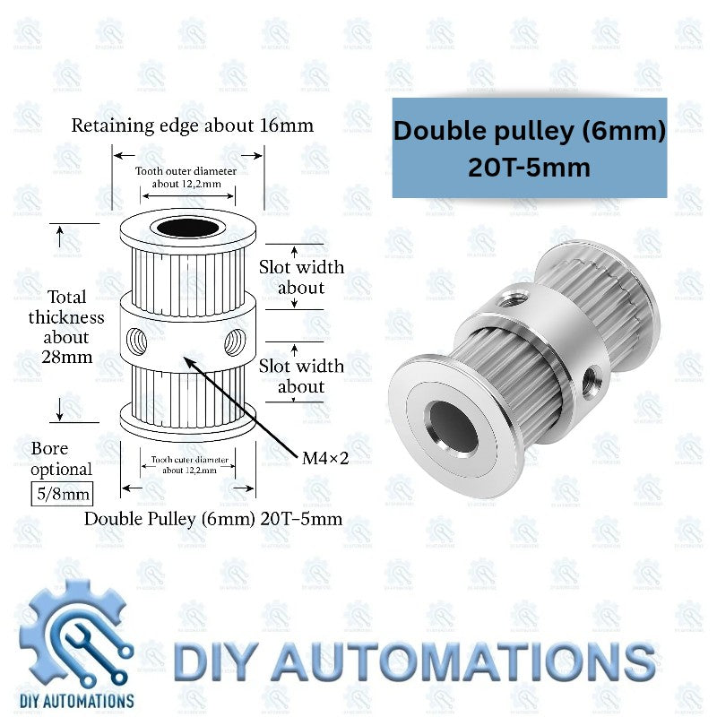 DIY Automations silver double pulley, 6mm belt width, 20 teeth, 5mm bore. Technical drawing shows dimensions.
