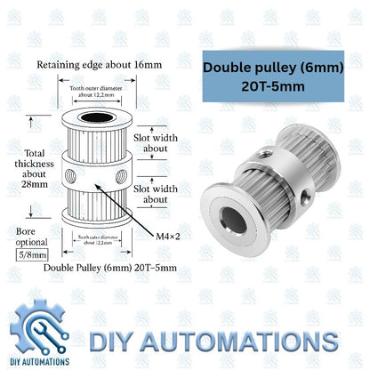 DIY Automations silver double pulley, 6mm belt width, 20 teeth, 5mm bore. Technical drawing shows dimensions.