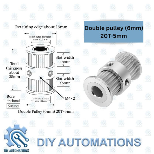 DIY Automations silver double pulley, 6mm belt width, 20 teeth, 5mm bore. Technical drawing shows dimensions.