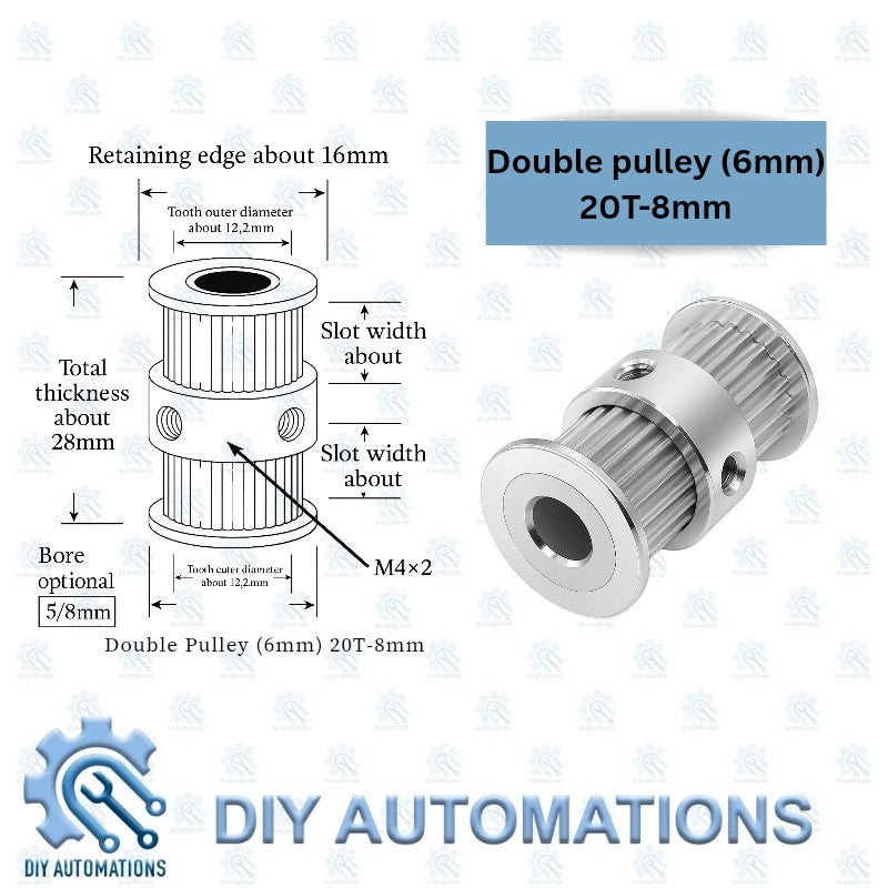 DIY Automations silver double pulley, 6mm width, 20 teeth, 8mm bore, for GT2 belts.
