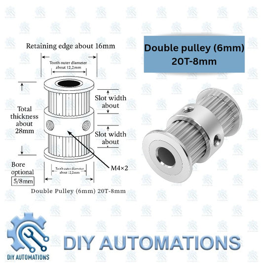 DIY Automations silver double pulley, 6mm width, 20 teeth, 8mm bore, for GT2 belts.