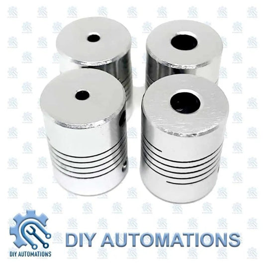 DIY Automations silver flexible coupling D19-25-3-6.35 with ribbed design for stepper motors.