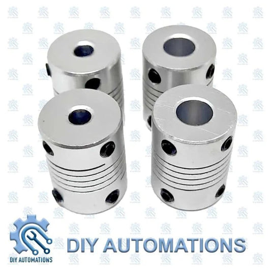 DIY Automations silver flexible coupling D19-25-5-6, used for stepper motors and parts.