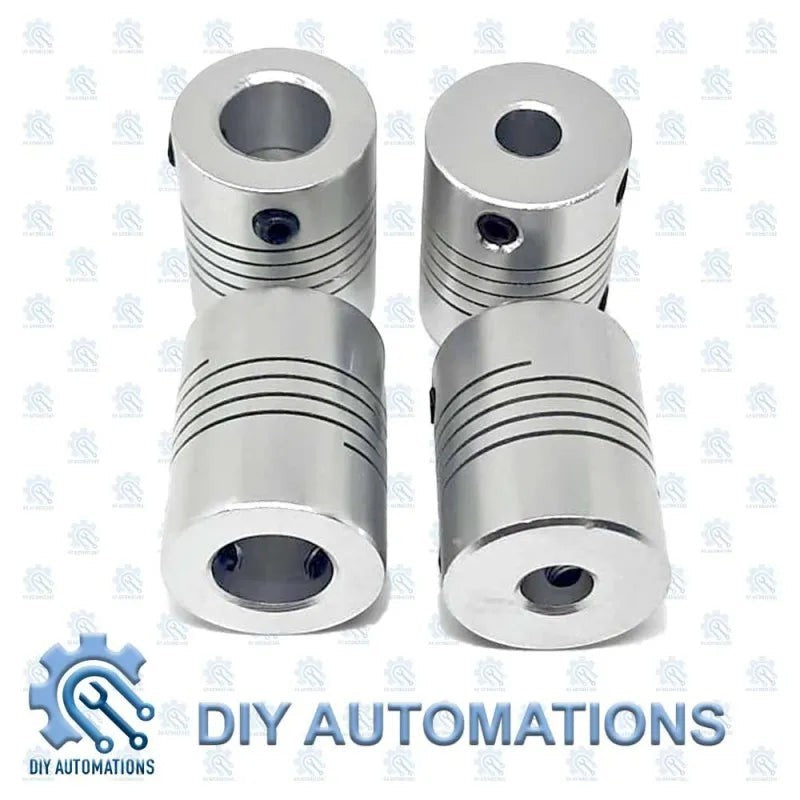 DIY Automations silver D19-25-6-10 flexible coupling, aluminum, with ribbed design and set screws.